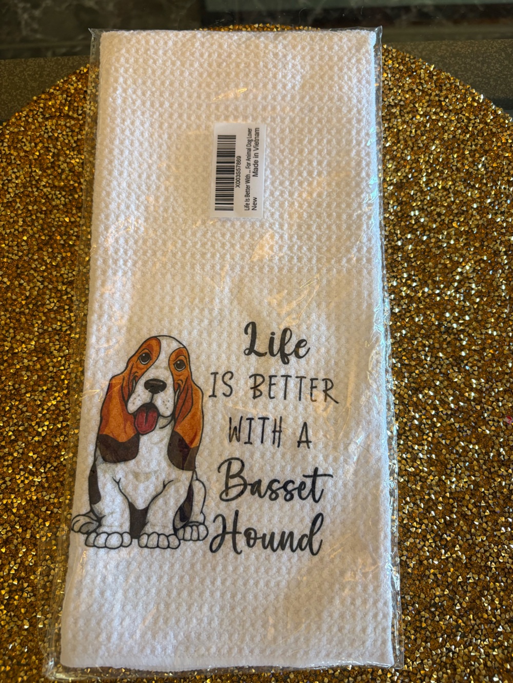 Basset Hound Kitchen Towel - White with Brown and Orange Dog Design